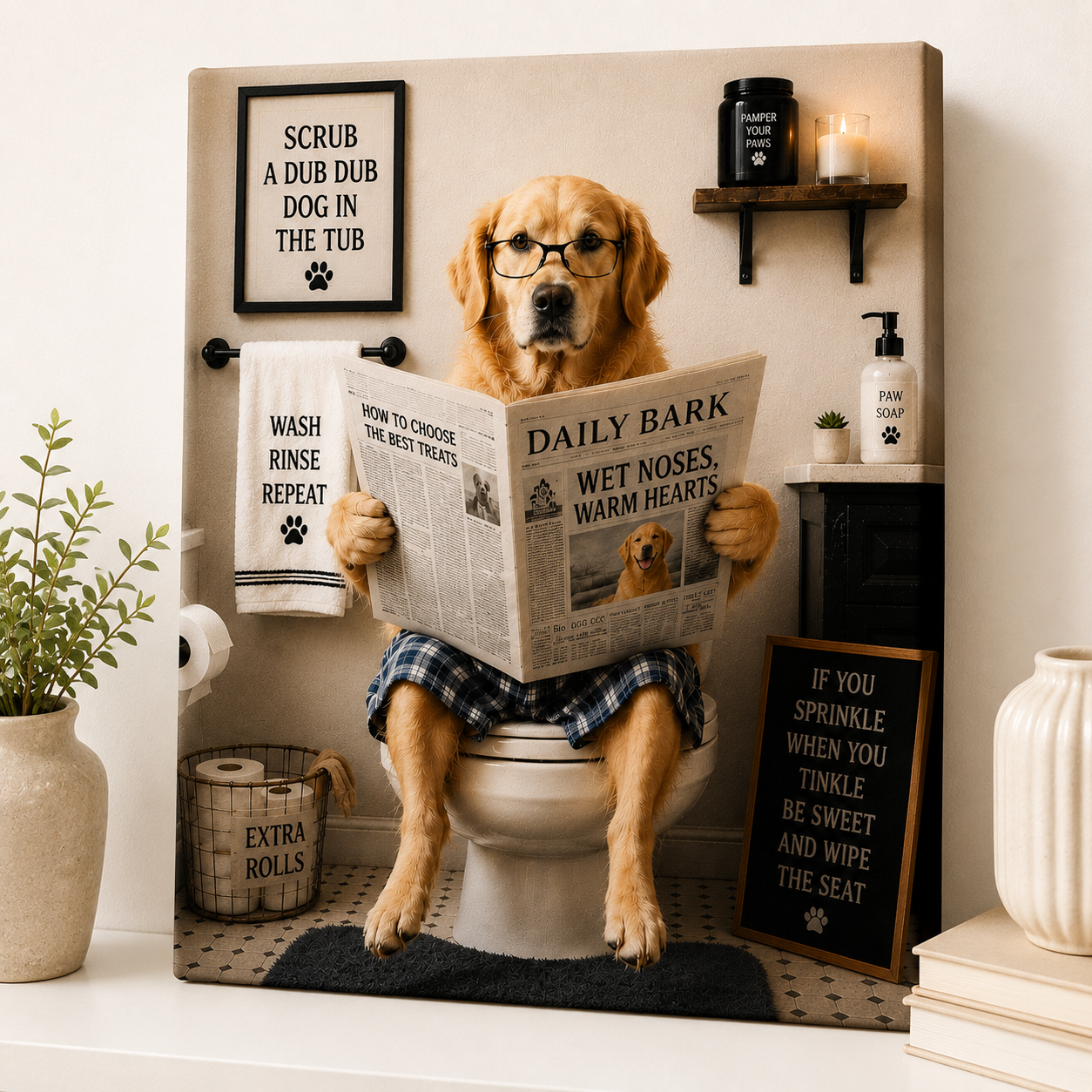Funny dog bathroom canvas print design image 1