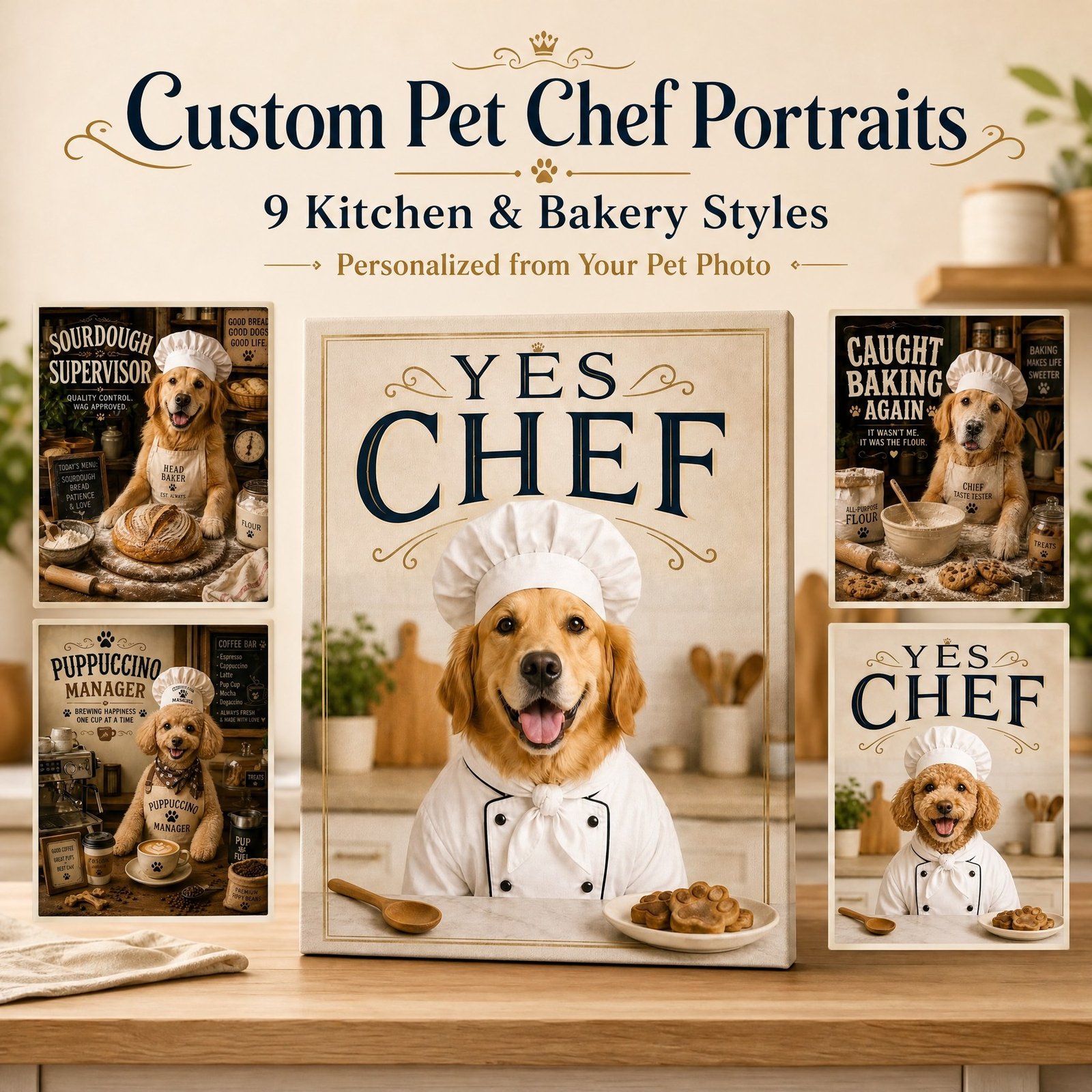 Custom Pet Portrait Canvas Chef Dog Cat Print From Photo Kitchen Wall Art Gift - listing_01_main