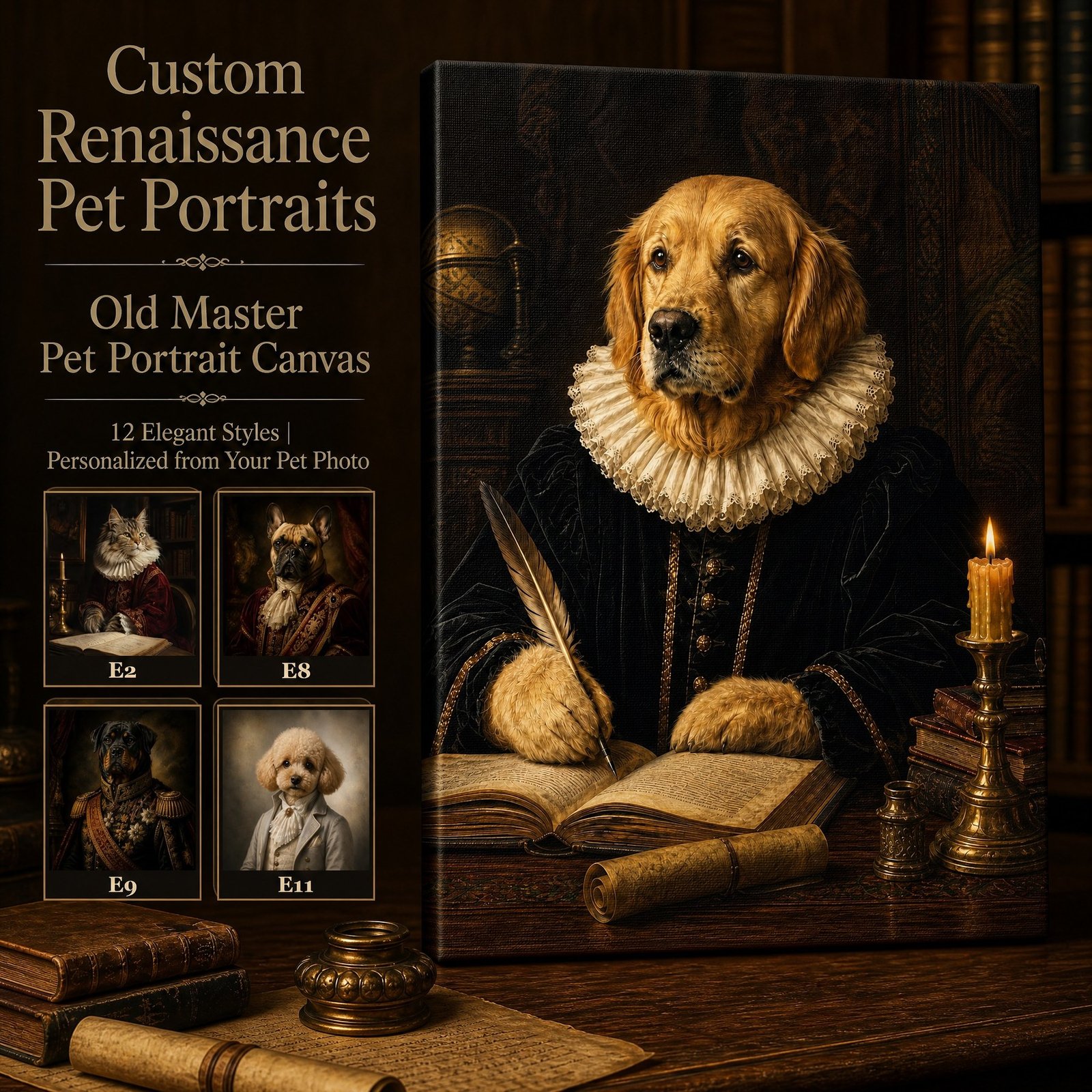 Custom Pet Portrait Canvas Old Master Dog Cat Print From Photo Vintage Gift Art - listing_01_main