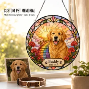 Custom pet memorial rainbow bridge suncatcher hanging by a window