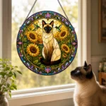 Custom pet stained glass style suncatcher hanging in a bright window