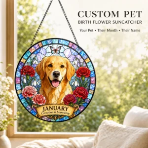 Custom pet birth flower suncatcher hanging in a bright living room window