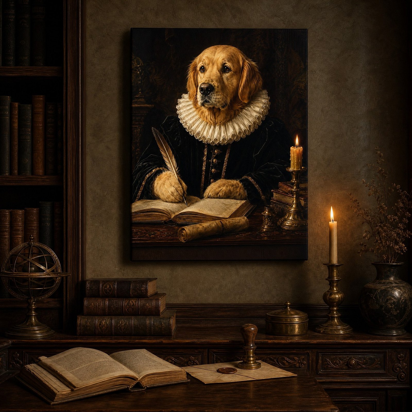 Custom Pet Portrait Canvas Old Master Dog Cat Print From Photo Vintage Gift Art - listing_03_antique_library_wall