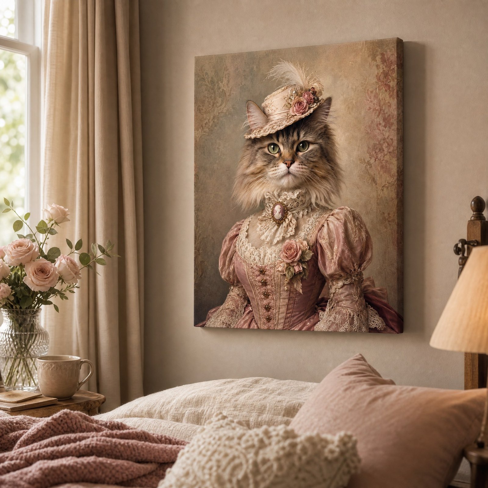 Custom Victorian Pet Portrait Canvas Royal Cat Dog Print From Photo Wall Art Gift - listing_05_warm_bedroom_gift_scene_D1