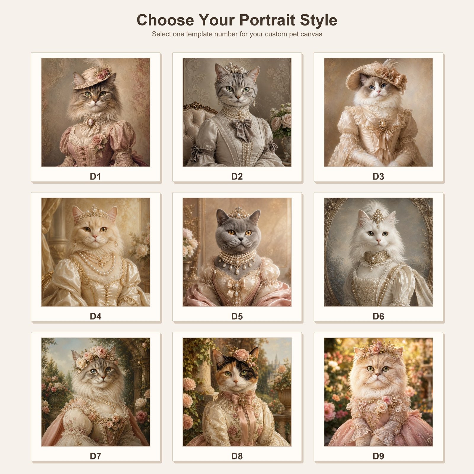 Custom Victorian Pet Portrait Canvas Royal Cat Dog Print From Photo Wall Art Gift - listing_06_template_selection_D1-D9
