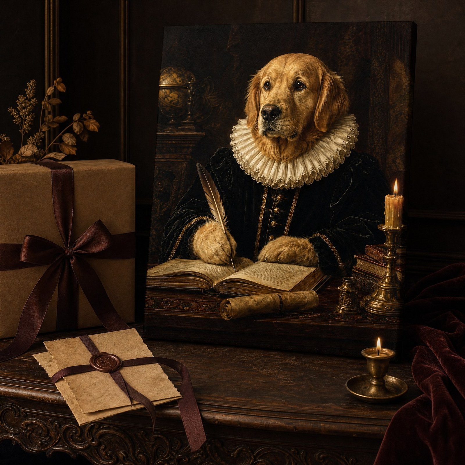 Custom Pet Portrait Canvas Old Master Dog Cat Print From Photo Vintage Gift Art - listing_07_gift_packaging_scene