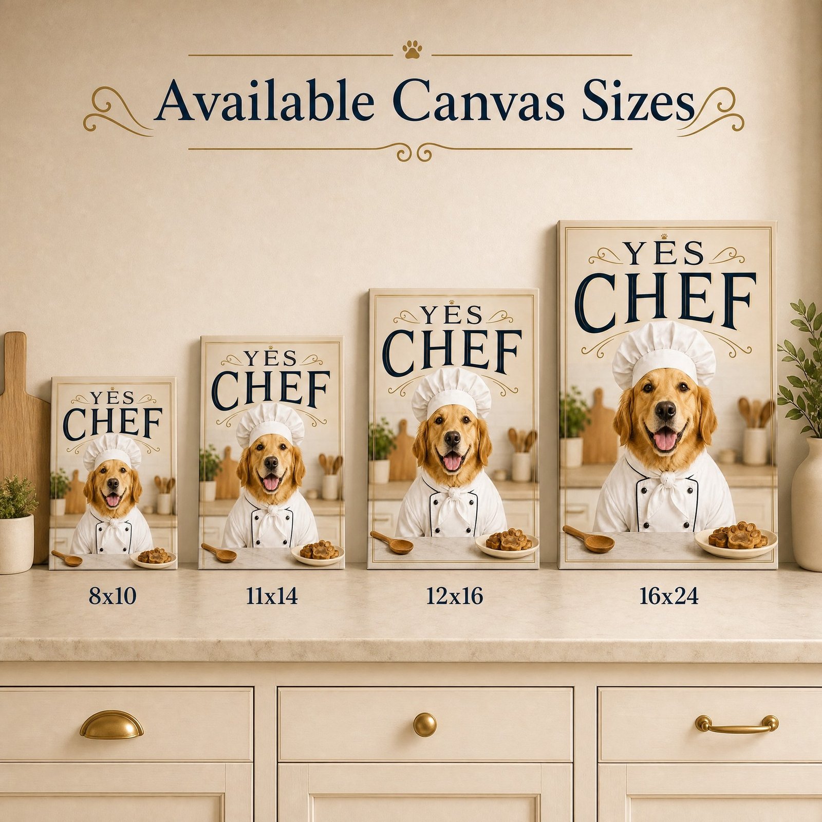 Custom Pet Portrait Canvas Chef Dog Cat Print From Photo Kitchen Wall Art Gift - listing_08_size_options