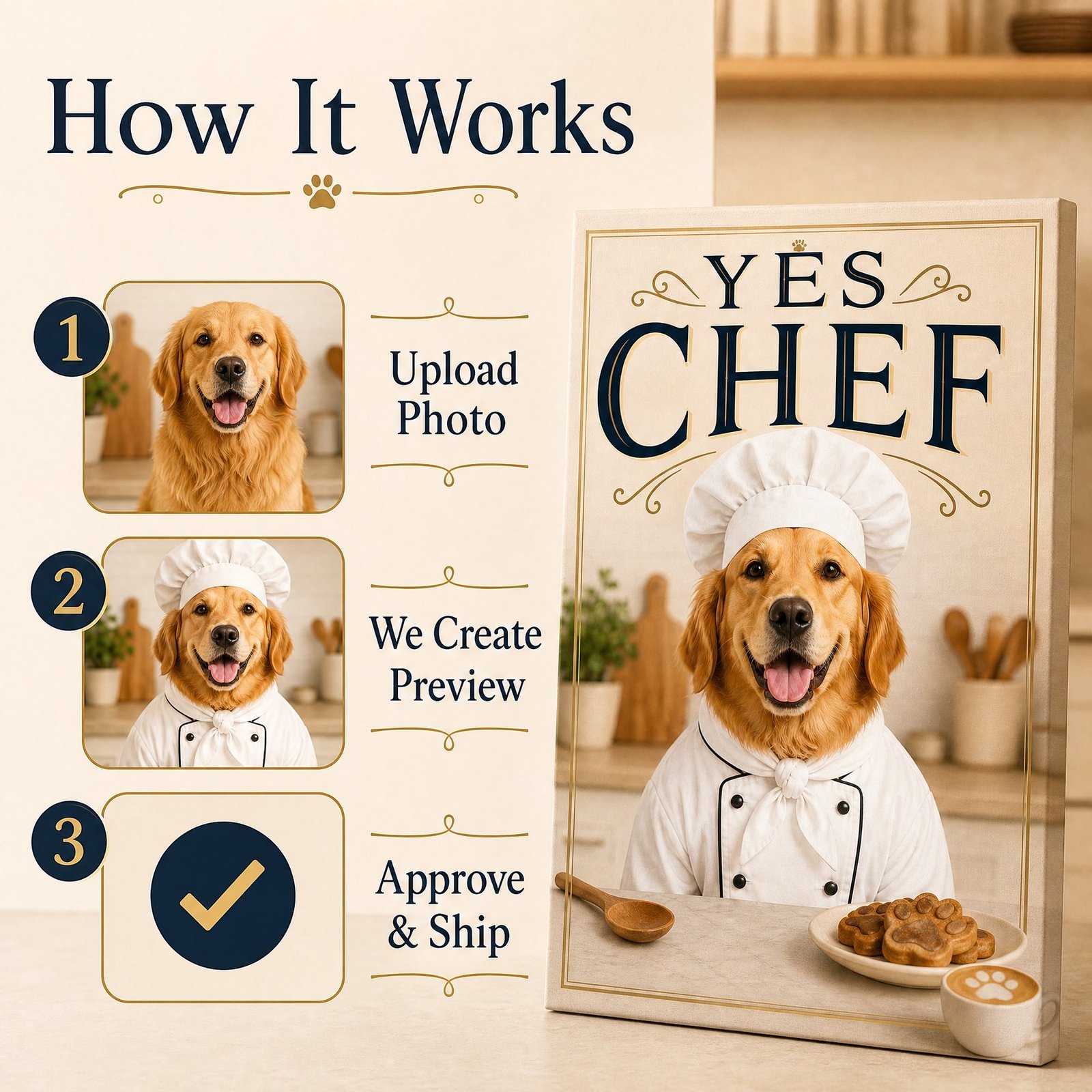 Custom Pet Portrait Canvas Chef Dog Cat Print From Photo Kitchen Wall Art Gift - listing_09_how_it_works