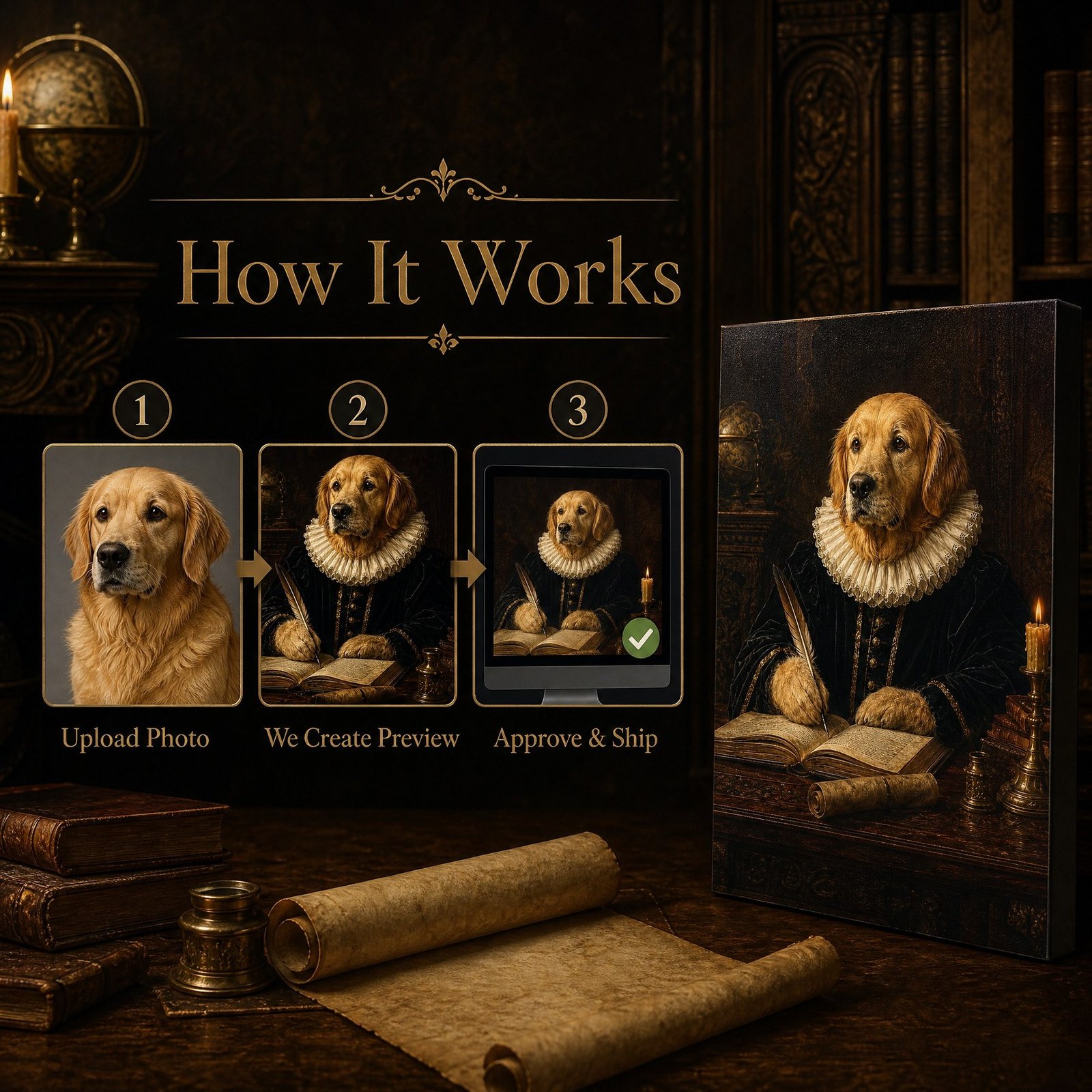 Custom Pet Portrait Canvas Old Master Dog Cat Print From Photo Vintage Gift Art - listing_09_how_it_works
