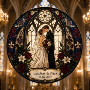 Custom Gothic Wedding Suncatcher with a couple and personalized names