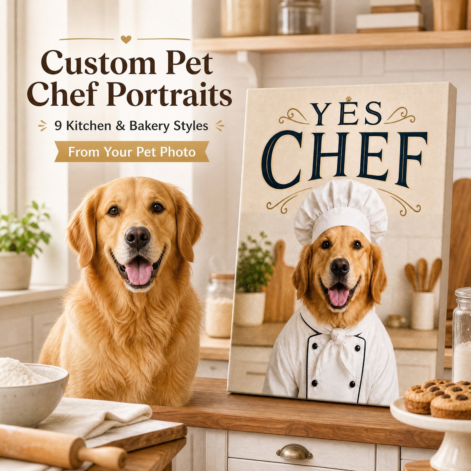 Custom Pet Portrait Canvas Chef Dog Cat Print From Photo Kitchen Wall Art Gift