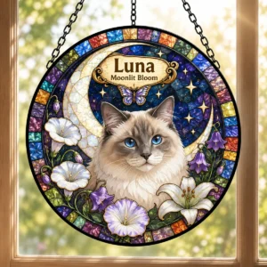 Moonlit Garden custom pet suncatcher with a cat and moonlit flowers