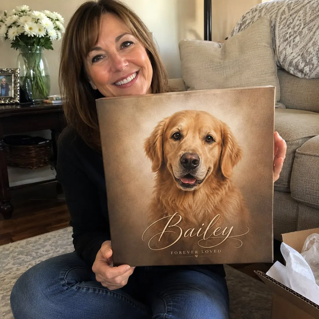 Customer holding a custom watercolor pet portrait