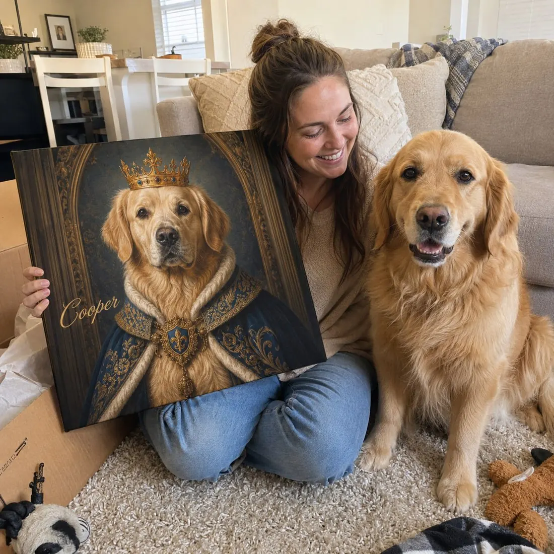 Customer with a royal pet portrait canvas