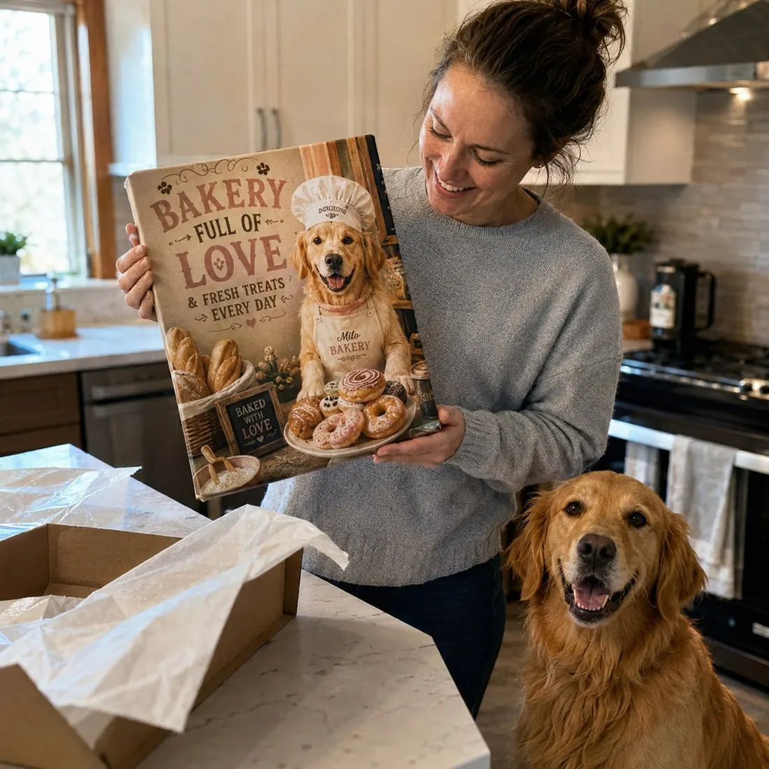 Custom bakery pet portrait displayed at home