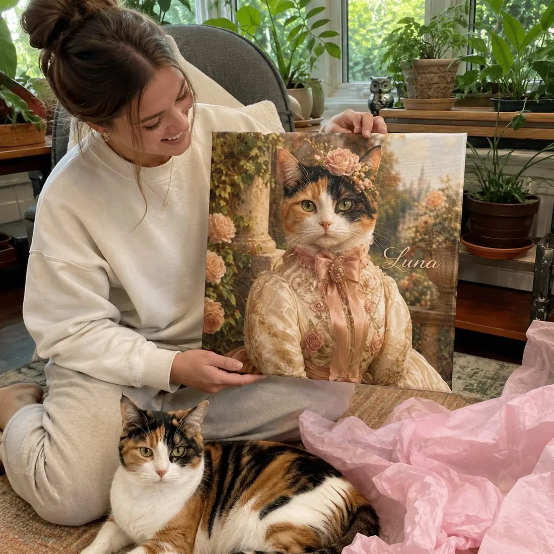 Finished custom pet portrait displayed at home